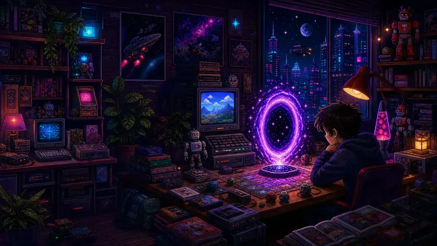Pixel-art scene filled with gaming, science-fiction and internet-culture references