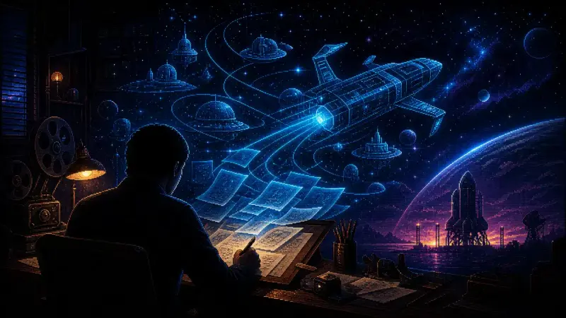 Anonymous television writer drafts glowing space routes and an original spacecraft in detailed dark pixel art